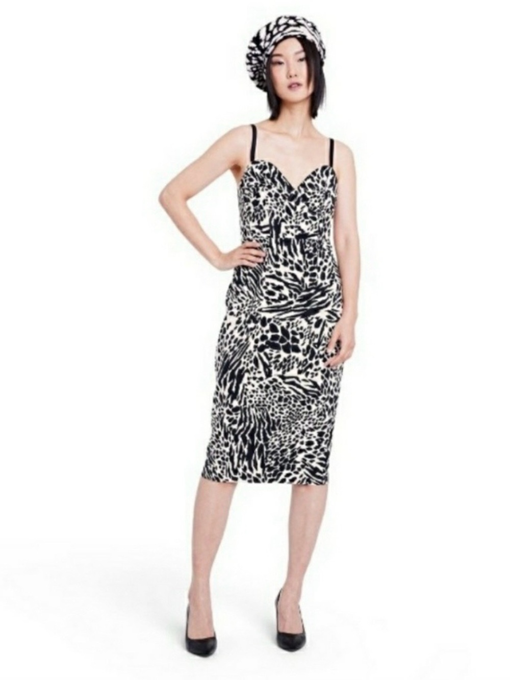 Black & White Animal Print Spaghetti Strap Midi Dress
